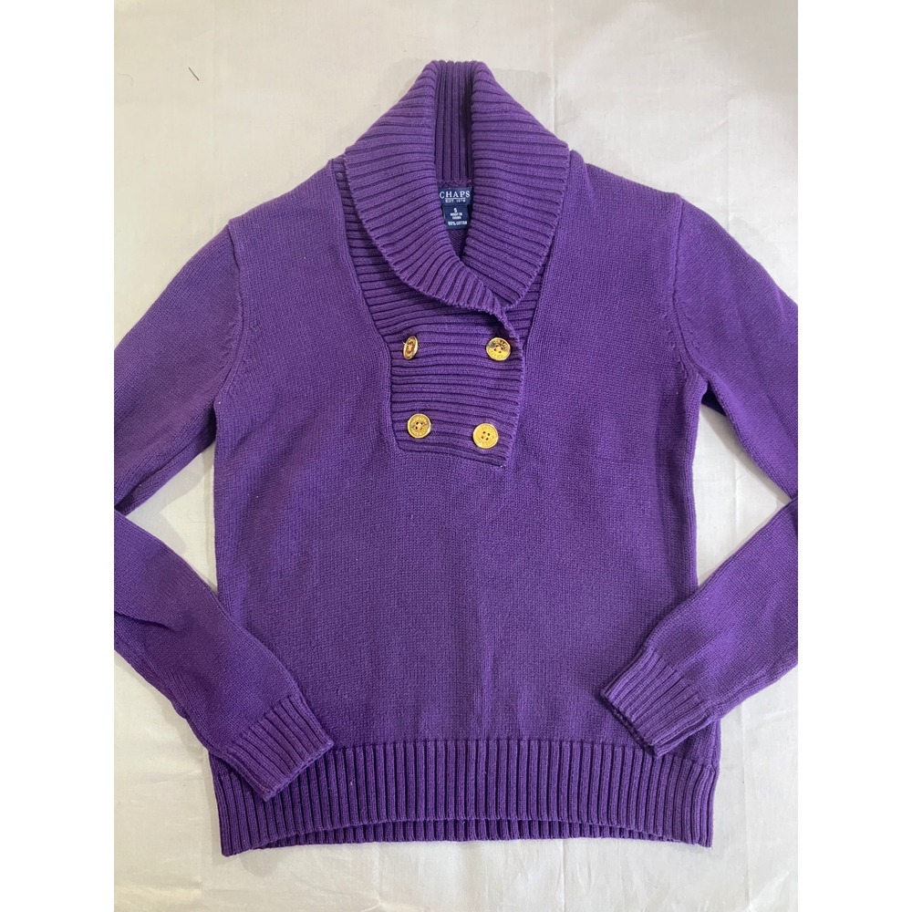 Chaps Womens Purple Shawl Collar Pullover Sweater‎ Gold Crest Buttons Cotton S